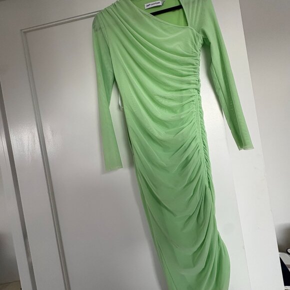 Self-Portrait Asymmetric Pencil Midi Dress Green Mesh Ruched Side Tie Mesh Long - Picture 8 of 11